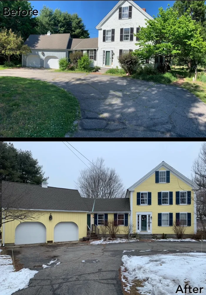 Exterior painting before and after - yellow house