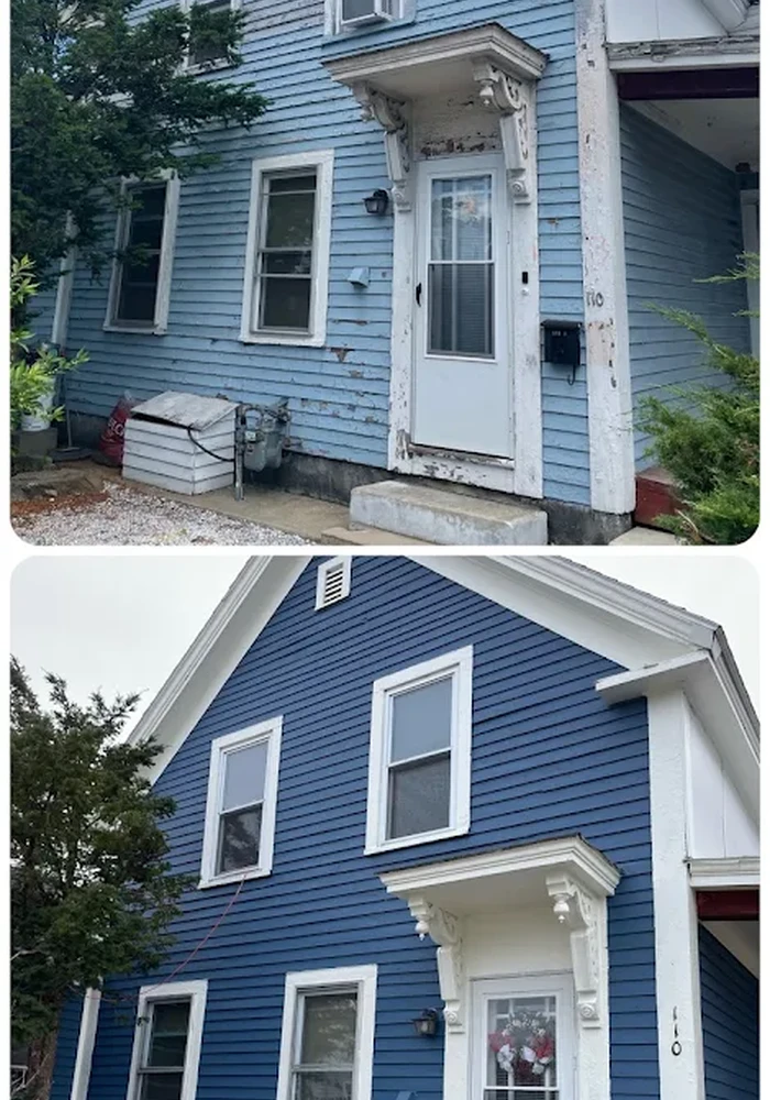 Exterior painting before and after - blue house transformation